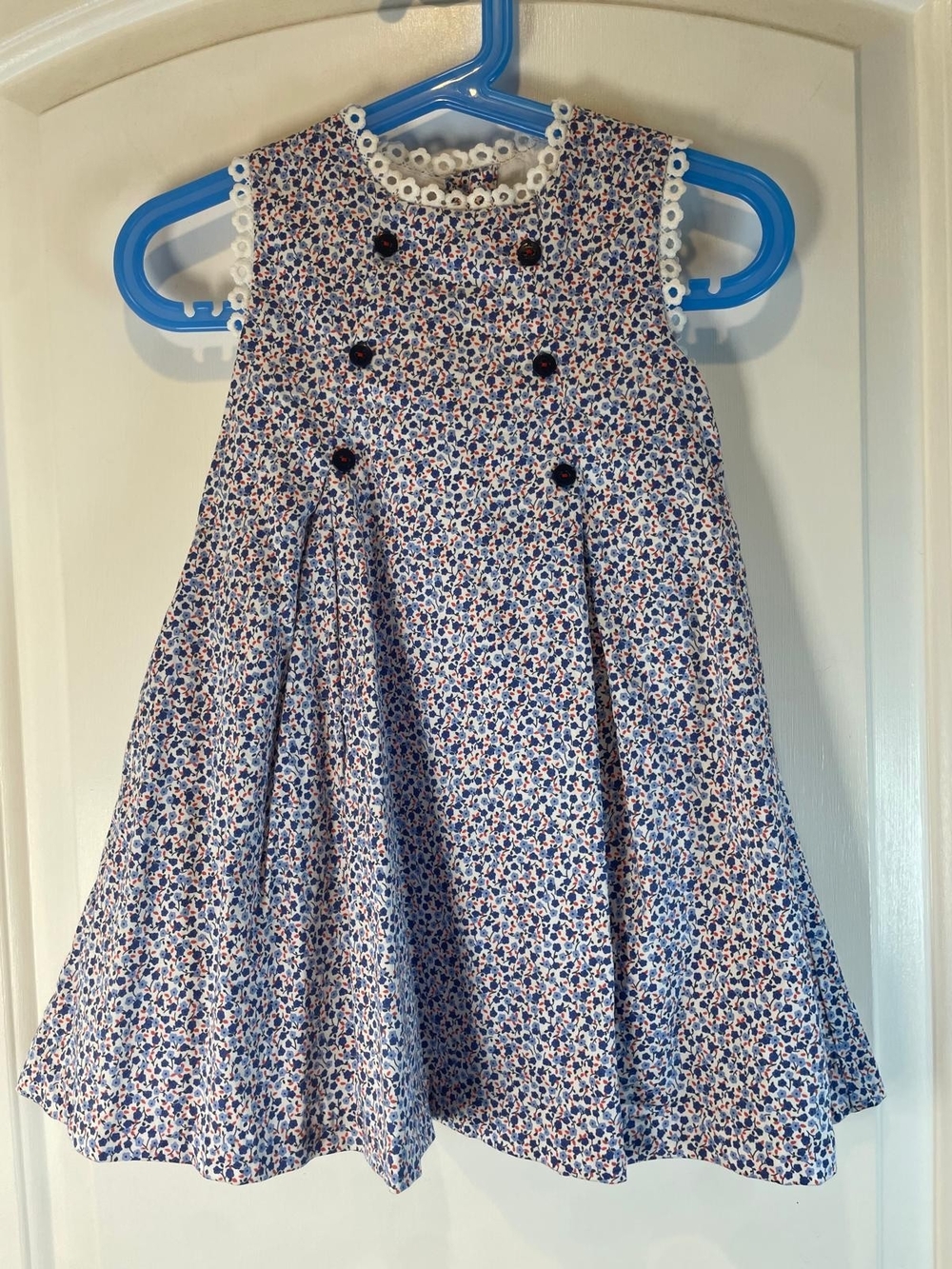 Girls Blue Floral Sleeveless Dress with Lace Trim